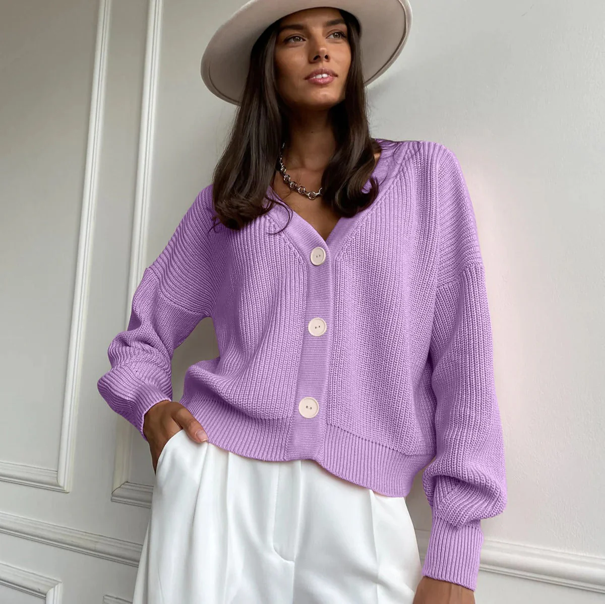 Ladies Cardigan – Relaxed Fit – Ribbed Knit – V-Neck – Button Closure – Rolled-Up Sleeves - Image 5