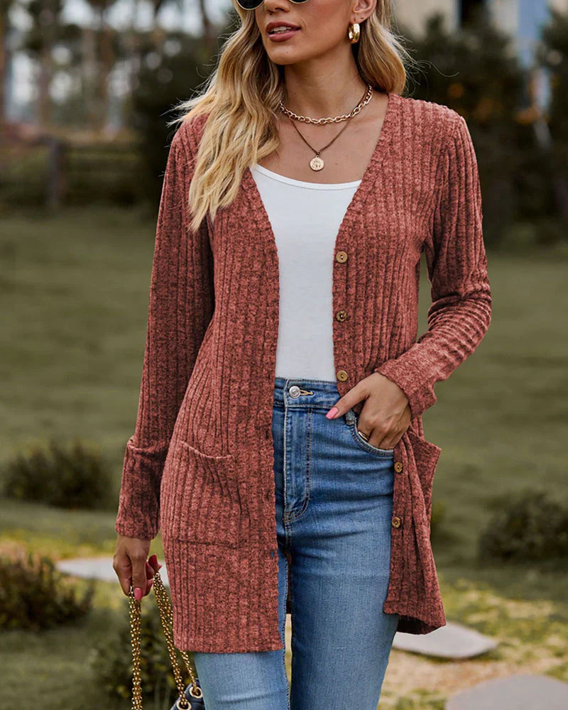 Women's Cardigan – Relaxed Fit – Ribbed Fabric – Button Closure – Mid Length – Pockets - Image 2