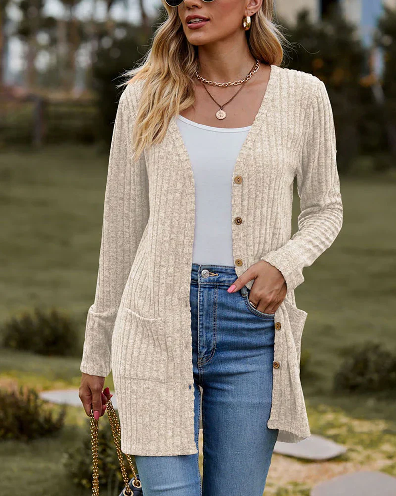 Women's Cardigan – Relaxed Fit – Ribbed Fabric – Button Closure – Mid Length – Pockets - Image 3