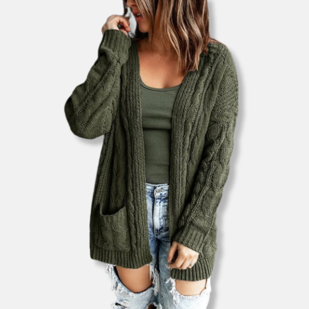 Women's Cardigan – Relaxed Fit – Cable Knit – Open Front – Front Pockets – Wool Blend - Image 2