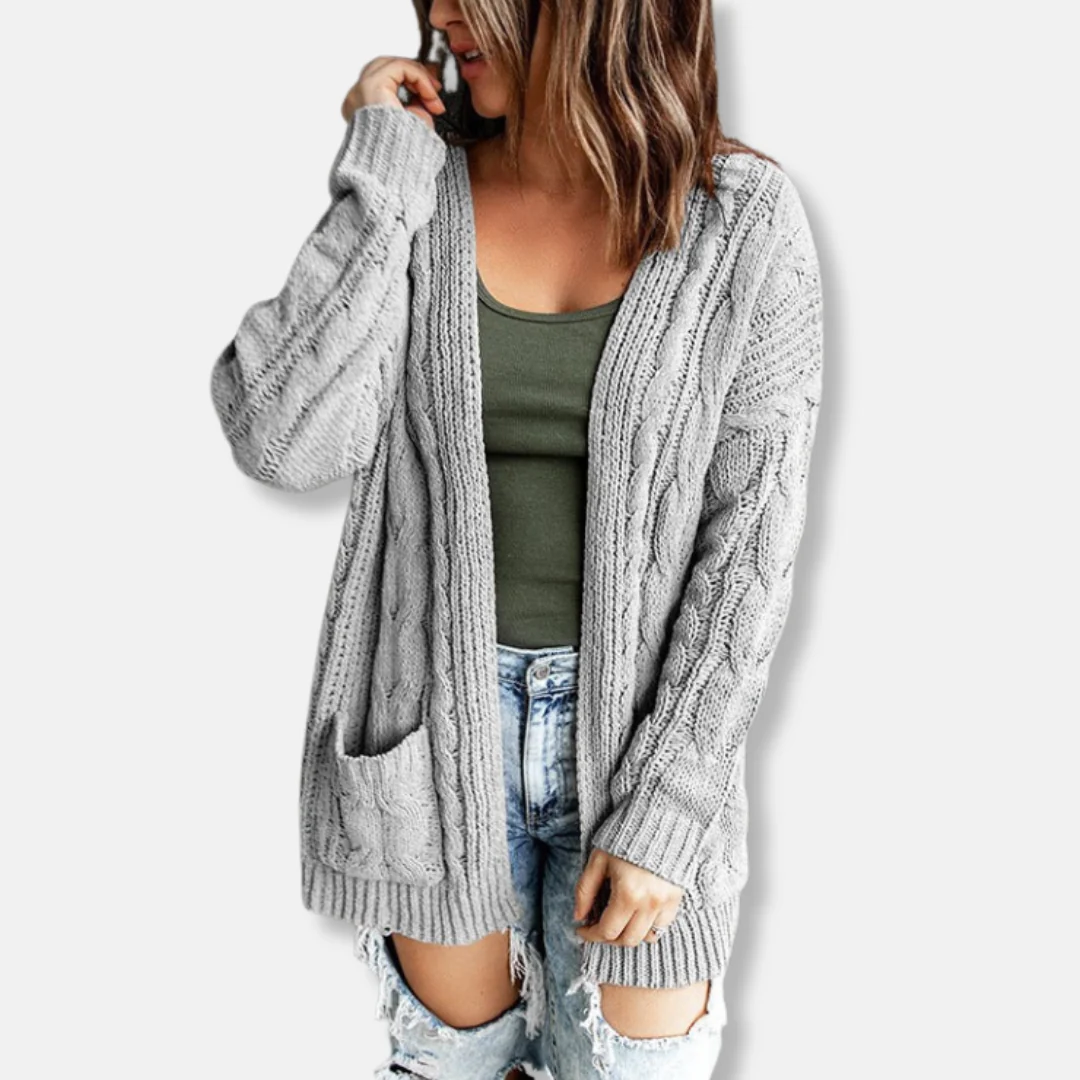 Women's Cardigan – Relaxed Fit – Cable Knit – Open Front – Front Pockets – Wool Blend - Image 3