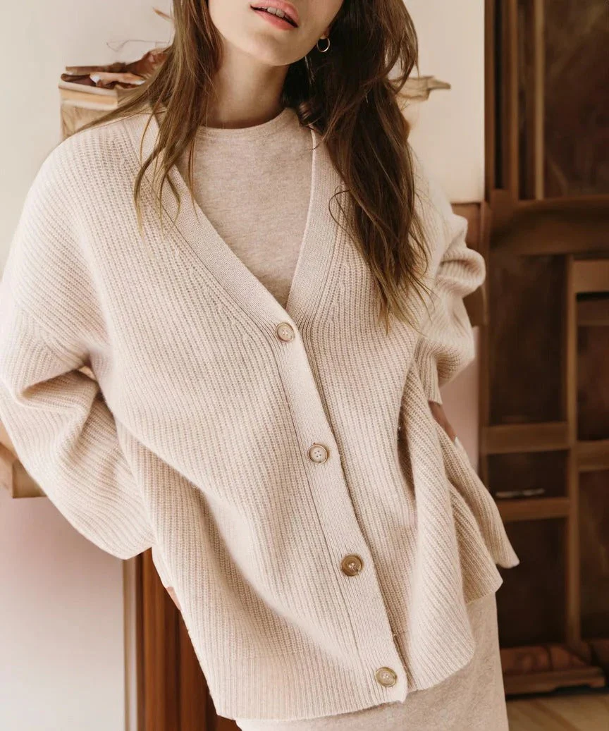 Ladies Cardigan – Ribbed – Oversized Fit – Button Closure – V-Neck – Drop Shoulder - Image 3