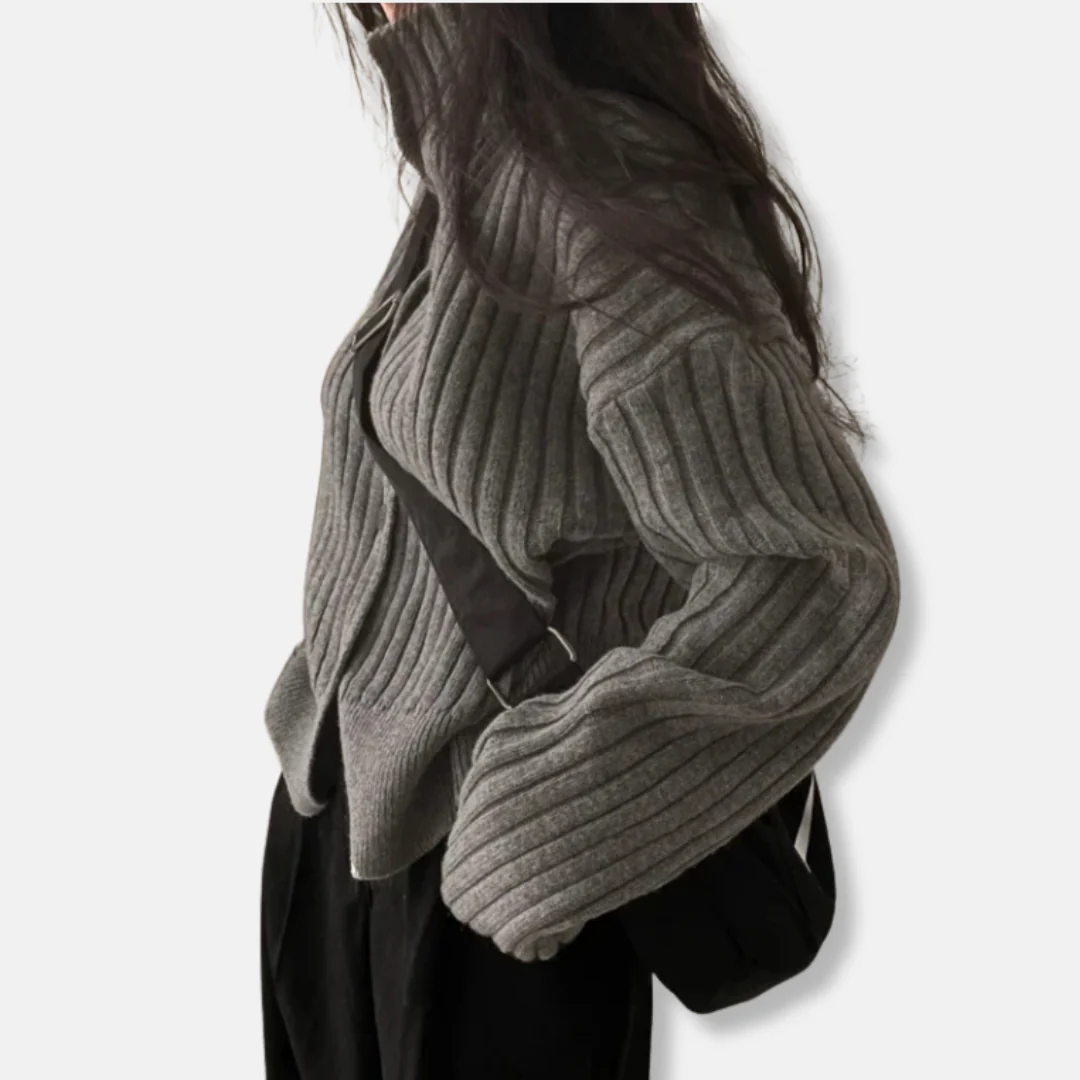 Women's Cardigan Top – Knitted Wool – High Neck – Ribbed Texture – Relaxed Fit – Short Model - Image 2