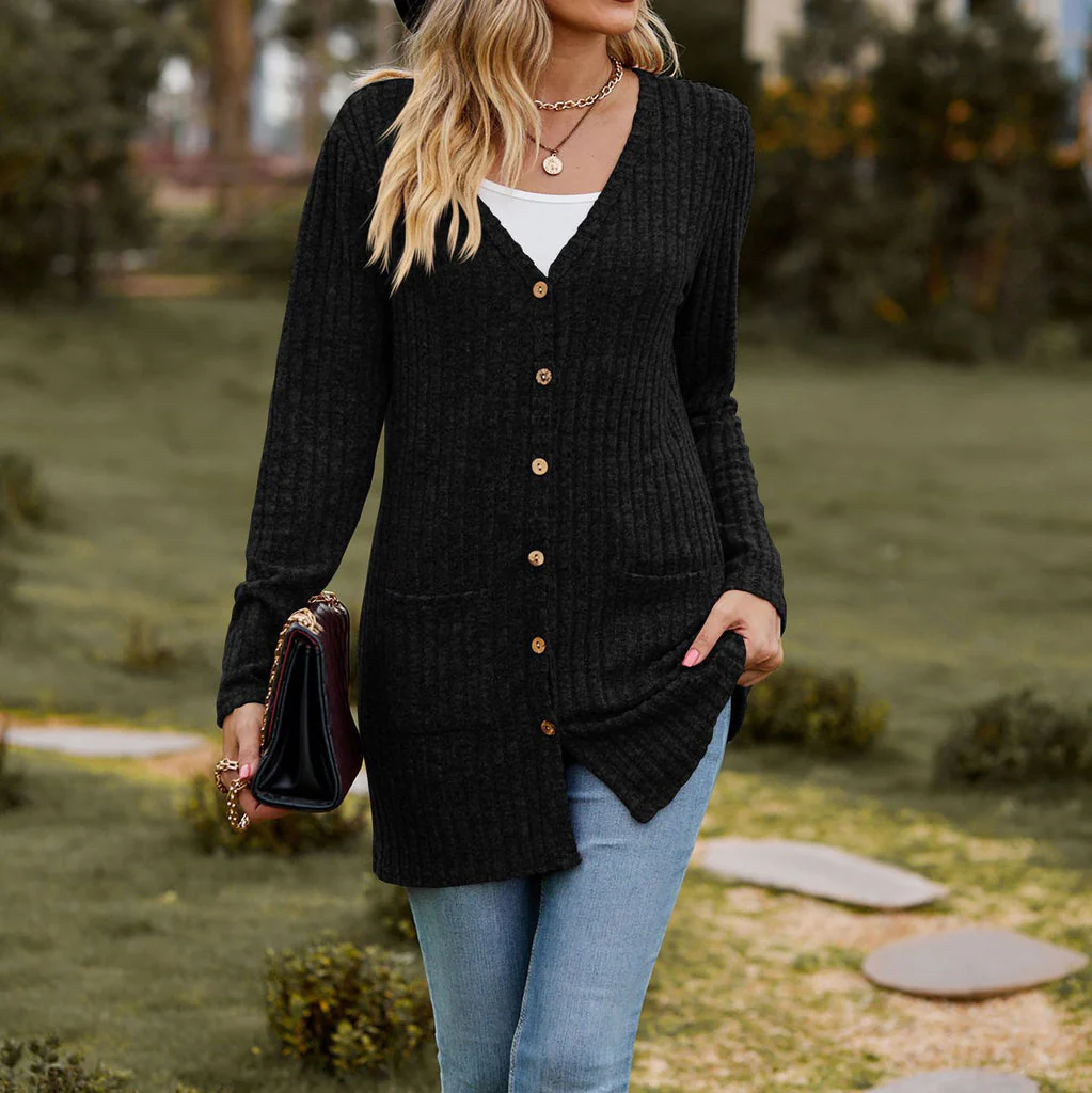 Ladies Cardigan – Wool Knit – Relaxed Fit – Ribbed Texture – Button Closure with Pockets - Image 3