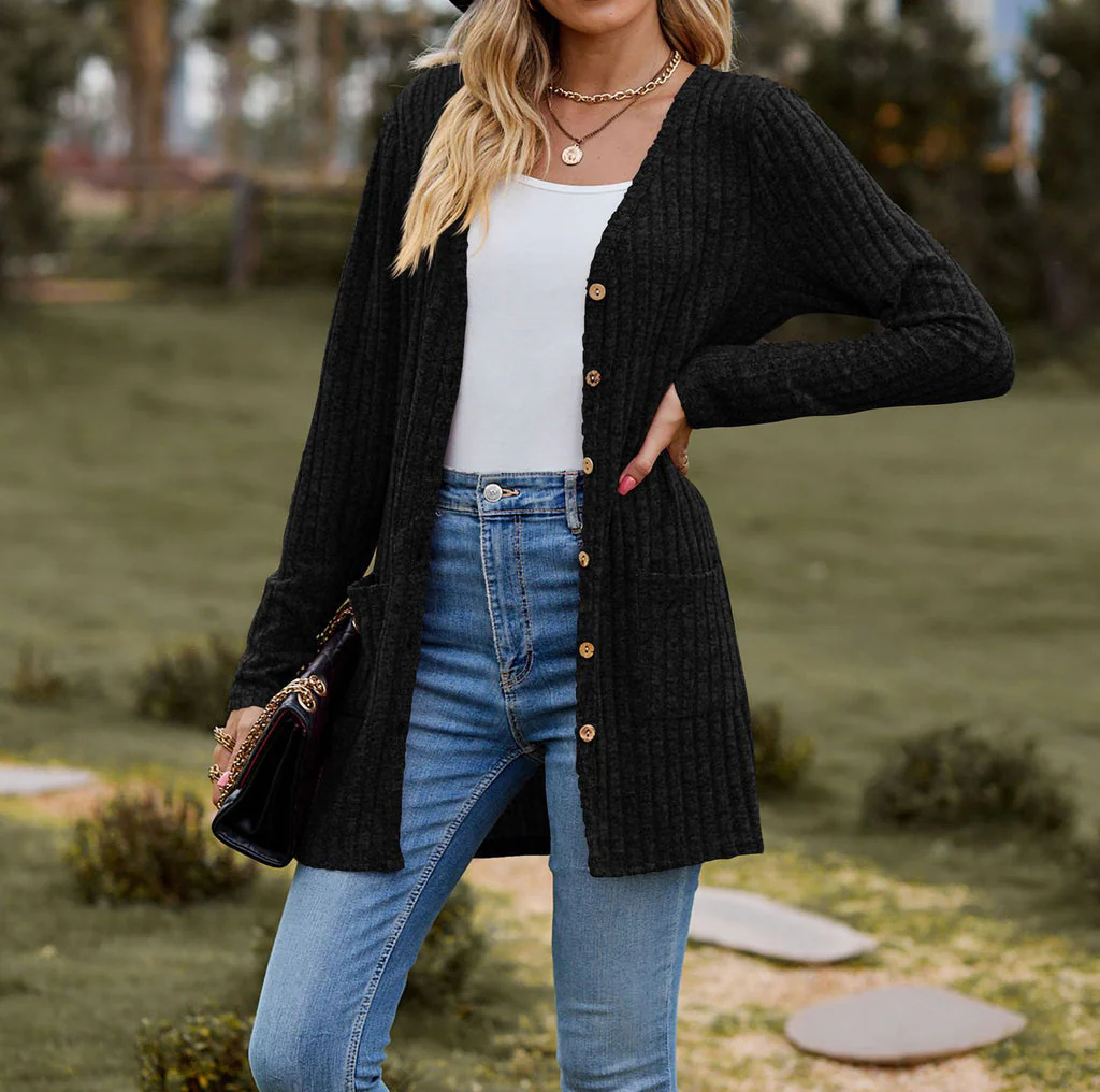 Ladies Cardigan – Wool Knit – Relaxed Fit – Ribbed Texture – Button Closure with Pockets - Image 4
