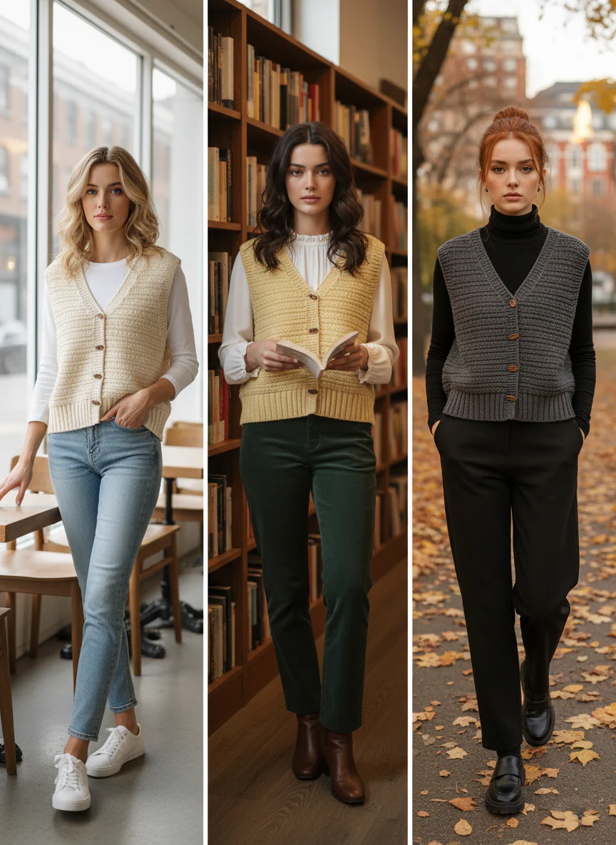 Sleeveless knitted vest for women - Button closure - Casual style - Image 4