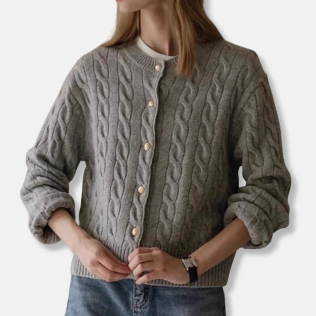 Women's Cardigan – Wool Blend – Relaxed Fit – Cable Pattern – Button Closure – Ribbed Edges - Image 2