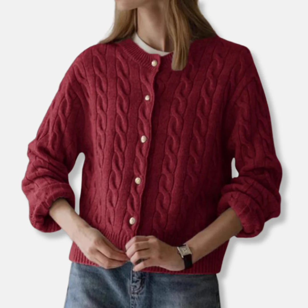 Women's Cardigan – Wool Blend – Relaxed Fit – Cable Pattern – Button Closure – Ribbed Edges - Image 3