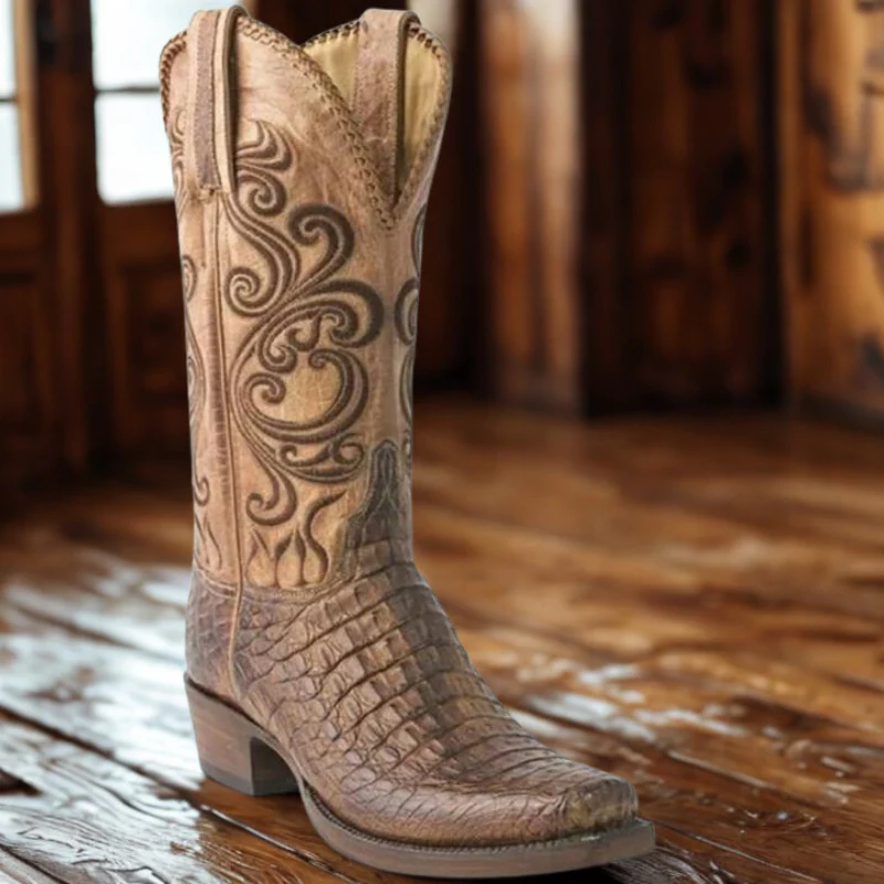 Women's Western Boot – Textured Leather – Embossed Shaft – Square Toe – Block Heel - Image 2