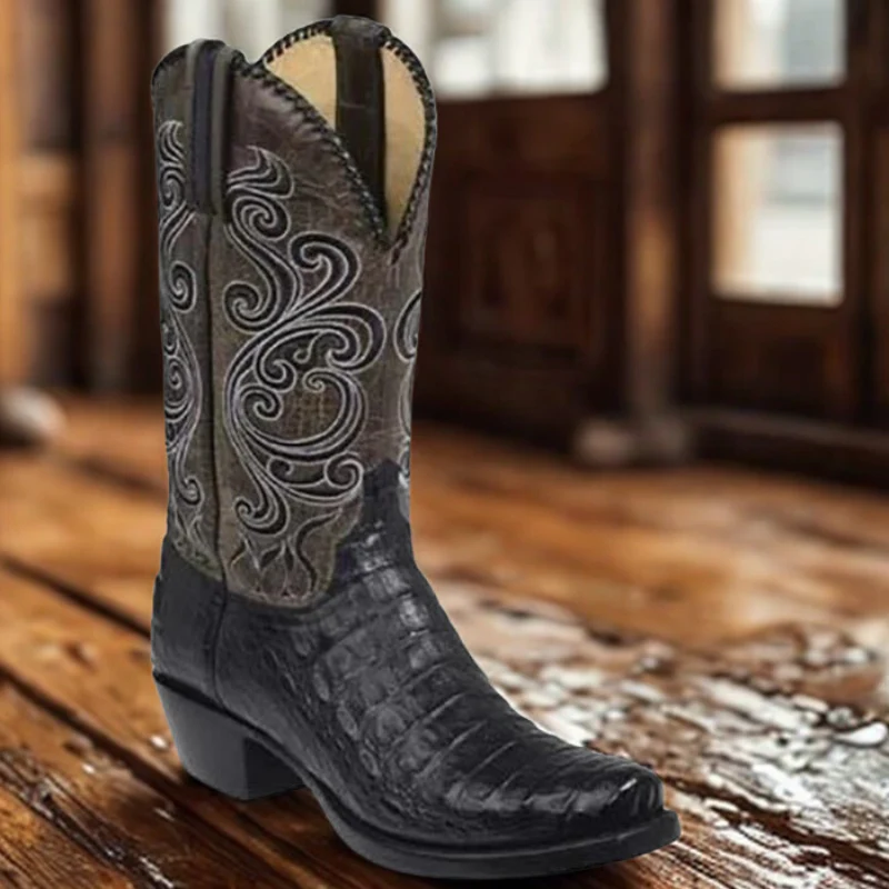 Women's Western Boot – Textured Leather – Embossed Shaft – Square Toe – Block Heel - Image 3