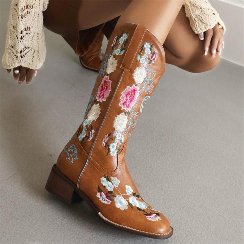 Women's Western Boots – Embroidered Floral Motif – Square Toe – Low Heel – Mid-Calf – Slip-On Model - Image 2