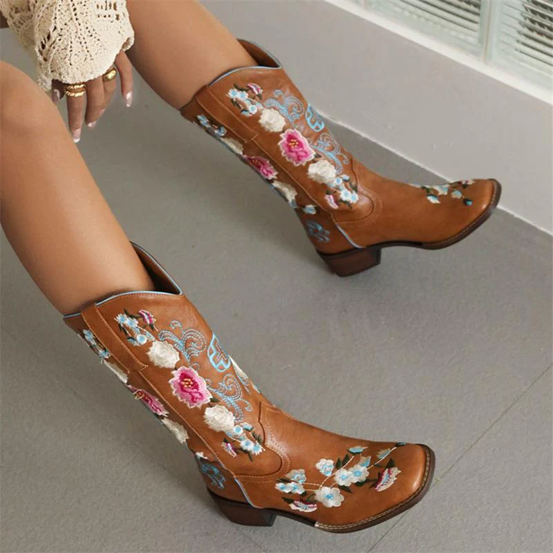 Women's Western Boots – Embroidered Floral Motif – Square Toe – Low Heel – Mid-Calf – Slip-On Model - Image 3