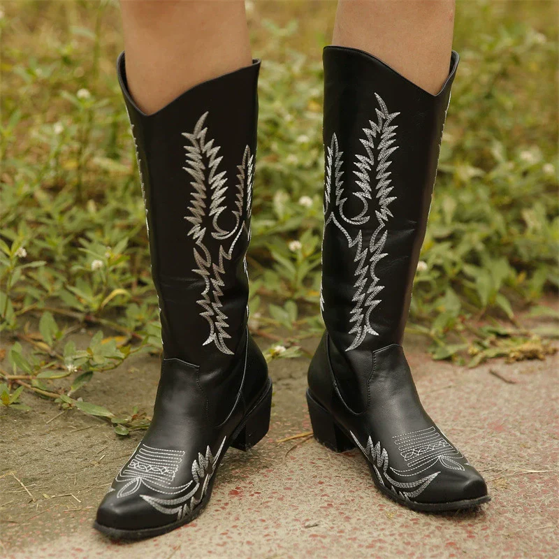 Women's Western Boots – Mid-Calf – Embroidered – Pointed Toe – Block Heel – Slip-On - Image 2