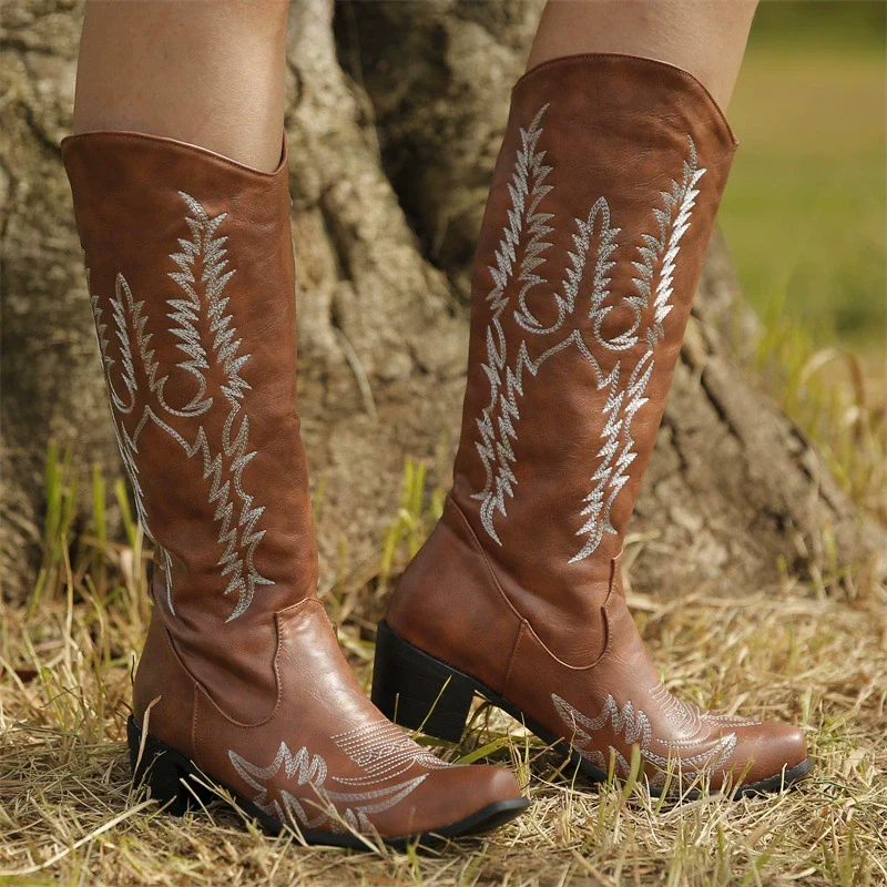 Women's Western Boots – Mid-Calf – Embroidered – Pointed Toe – Block Heel – Slip-On - Image 4