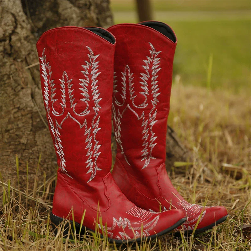 Women's Western Boots – Mid-Calf – Embroidered – Pointed Toe – Block Heel – Slip-On - Image 5