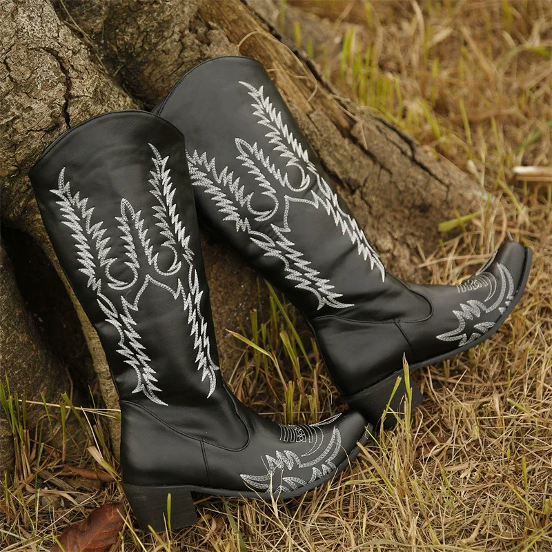Women's Western Boots – Mid-Calf – Embroidered – Pointed Toe – Block Heel – Slip-On - Image 6