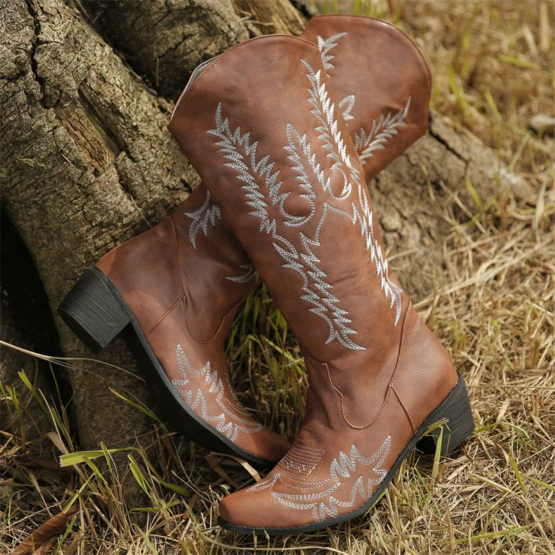 Women's Western Boots – Mid-Calf – Embroidered – Pointed Toe – Block Heel – Slip-On - Image 8