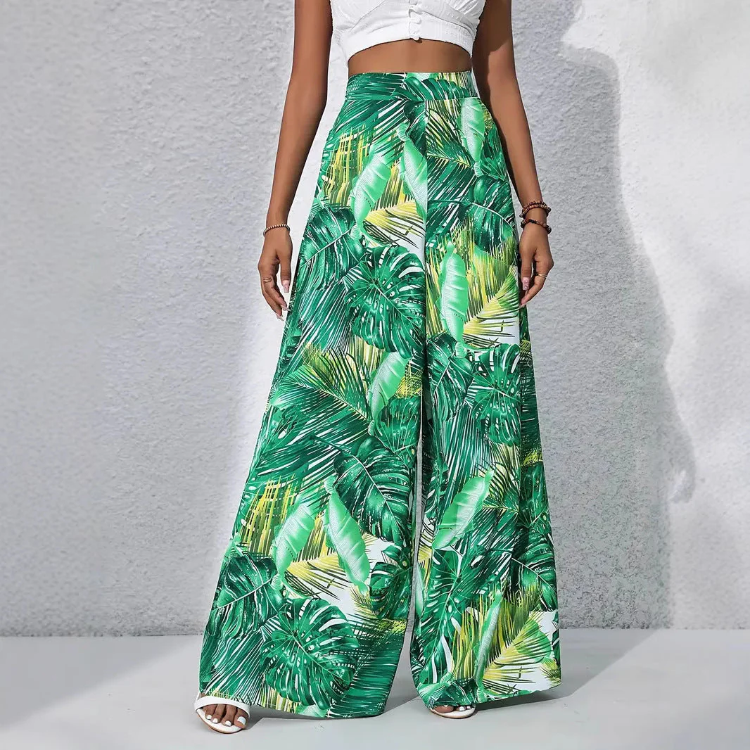 Women's Wide-Leg Pants – High Waist – Lightweight – Floral Print with Leaf Motif - Image 2