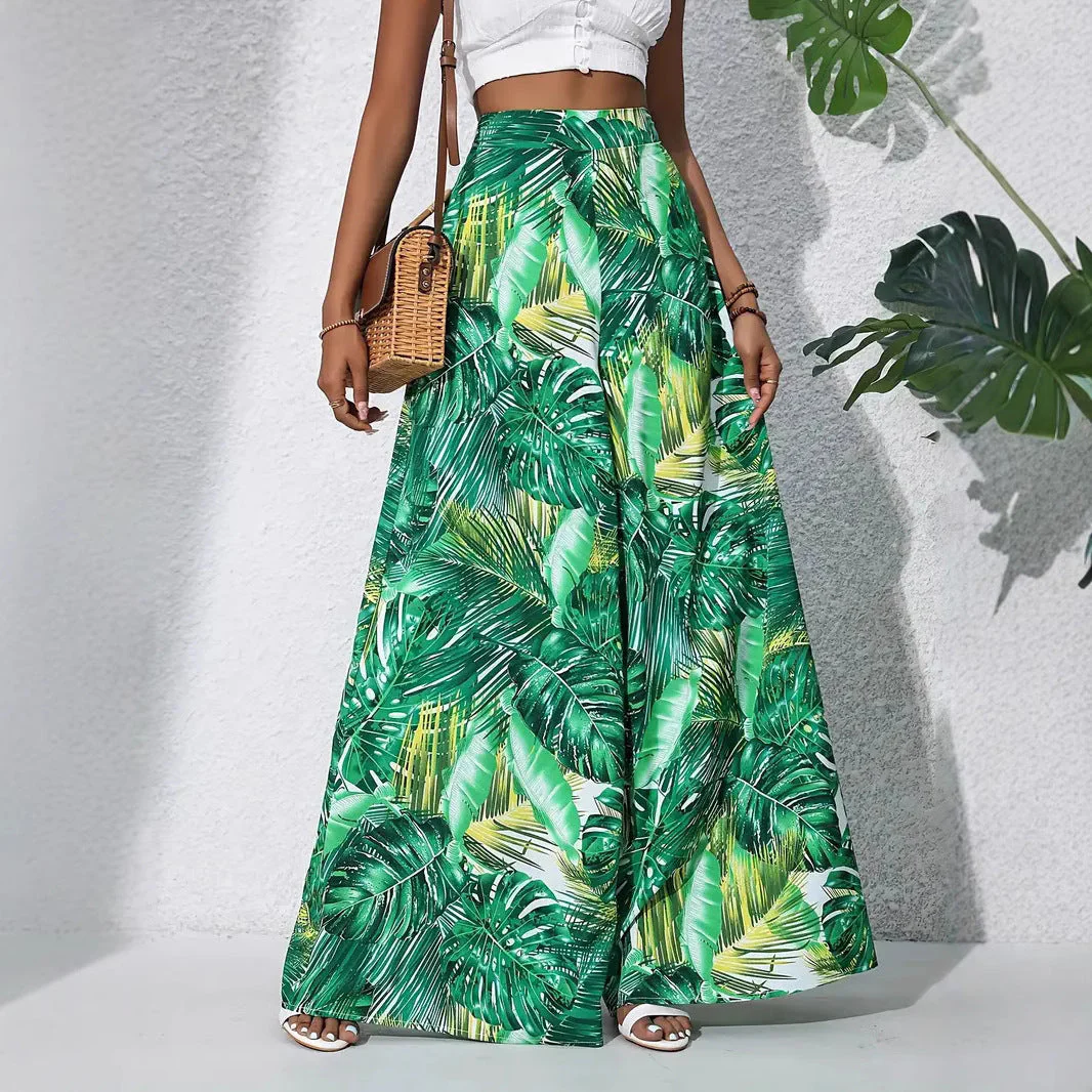 Women's Wide-Leg Pants – High Waist – Lightweight – Floral Print with Leaf Motif - Image 3