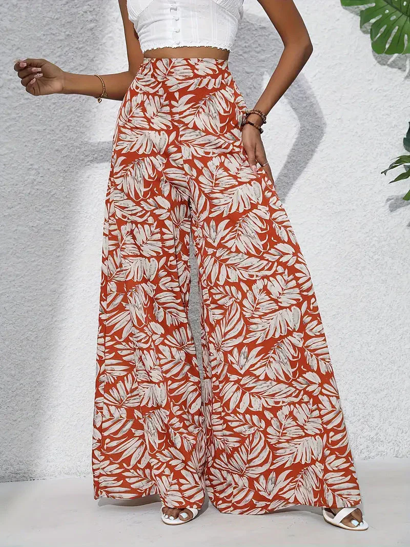 Women's Wide-Leg Pants – High Waist – Lightweight – Floral Print with Leaf Motif - Image 4