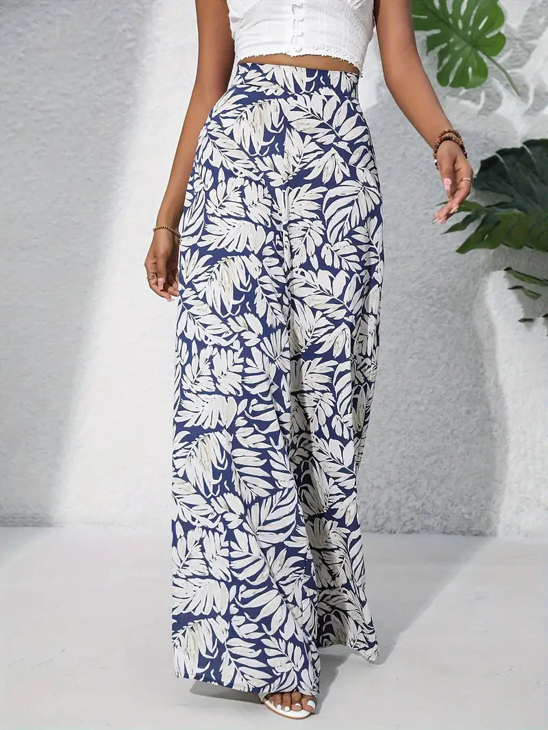 Women's Wide-Leg Pants – High Waist – Lightweight – Floral Print with Leaf Motif - Image 5