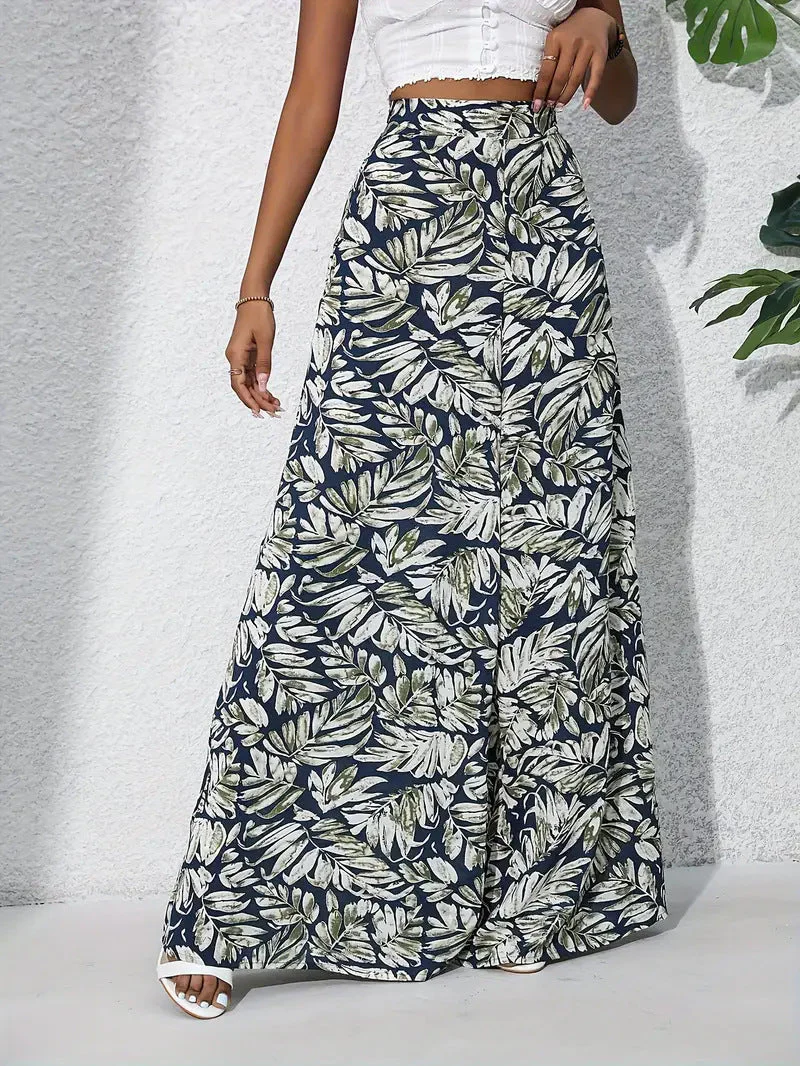 Women's Wide-Leg Pants – High Waist – Lightweight – Floral Print with Leaf Motif - Image 8