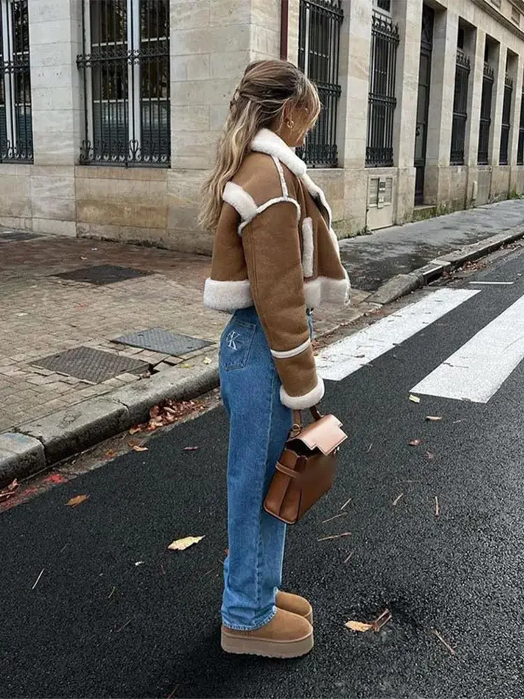 Ladies Winter Coat With Plush Collar | Leather Short Model - Image 5