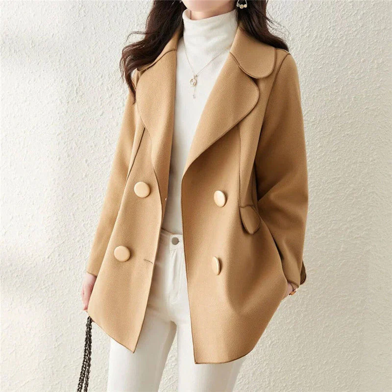 Women's Wool Coat – Tailored Fit – Double-Breasted – Wide Lapels – Medium Length - Image 2