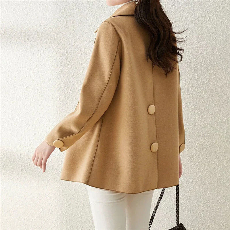 Women's Wool Coat – Tailored Fit – Double-Breasted – Wide Lapels – Medium Length - Image 3