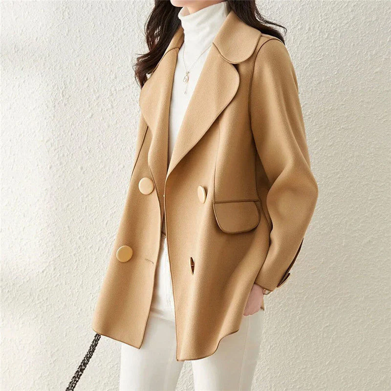 Women's Wool Coat – Tailored Fit – Double-Breasted – Wide Lapels – Medium Length - Image 4