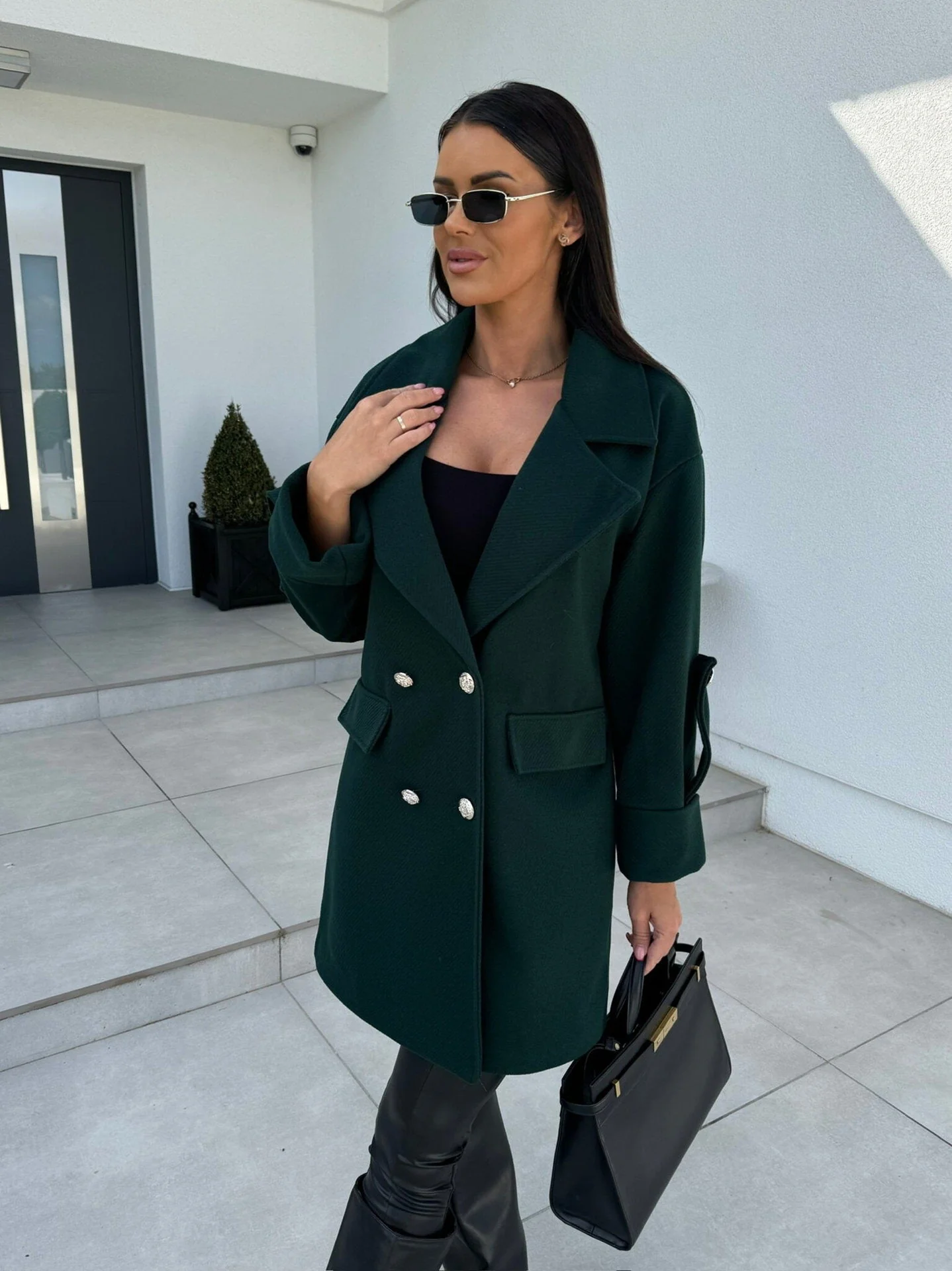 Women's Wool Coat – H-Line Fit – Blazer Collar – Double-Breasted – Knee-Length - Image 3