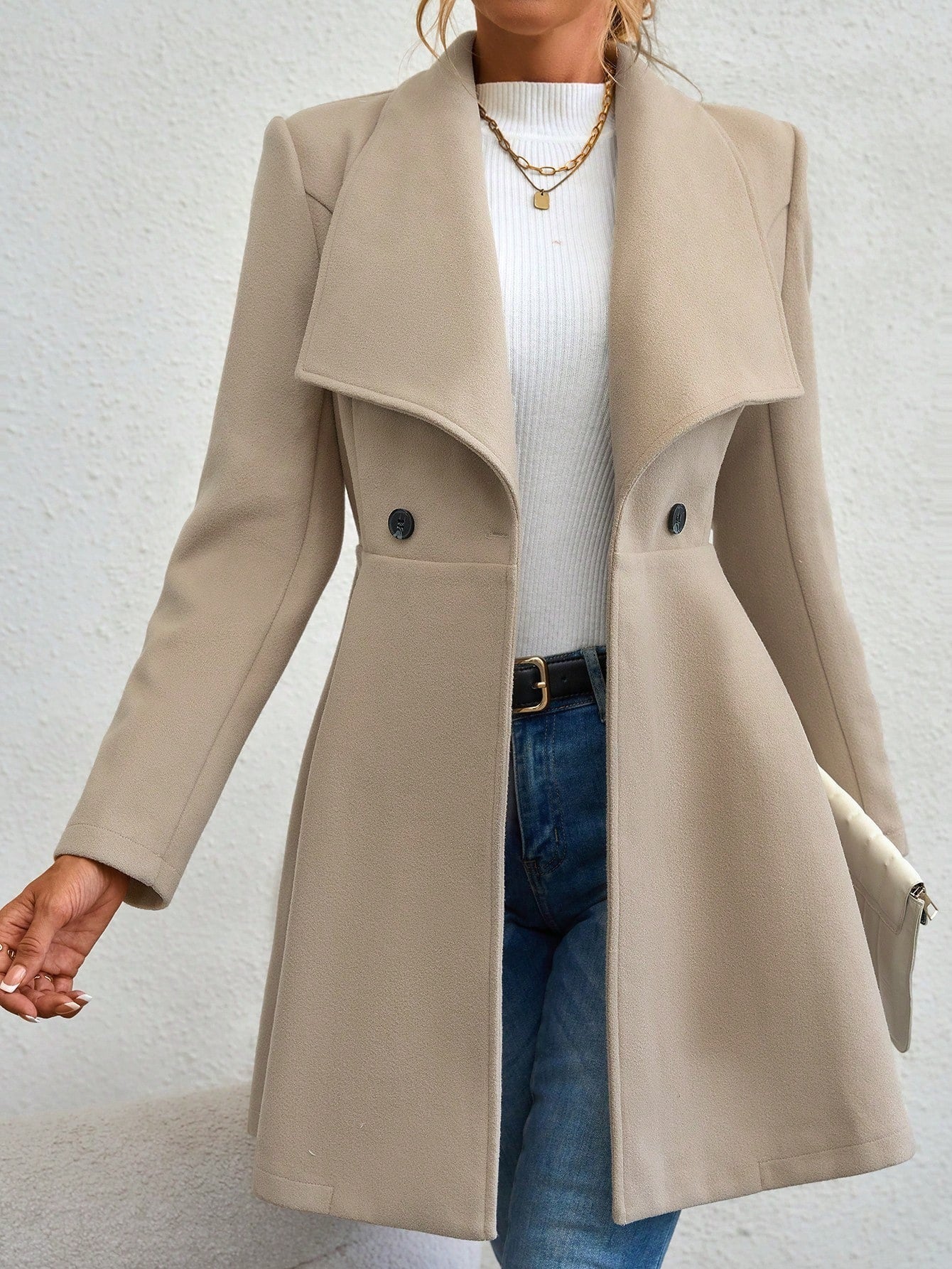 Women's Wool Coat – Slim Fit – Long Length – Fitted – Classic Lapel Design - Image 4