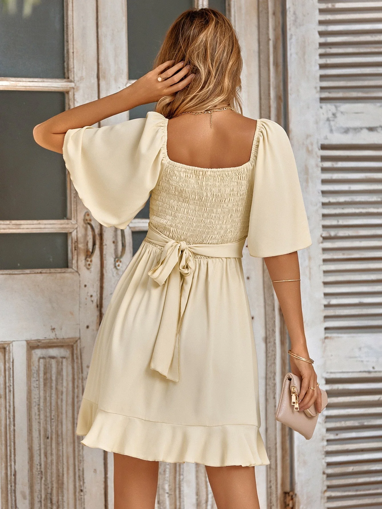 Women's Wrap Dress – A-line Flared Skirt – Ruffled Hem – Elbow Sleeve – V-neck - Image 2