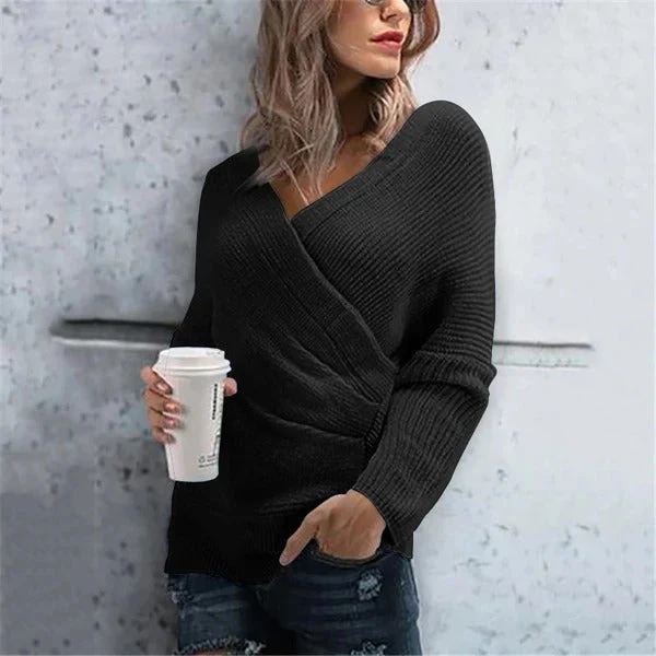 Women's Wrap Sweater – Textured Knit – V-neck – Ribbed Edges – Relaxed Fit - Image 2