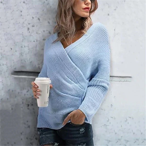 Women's Wrap Sweater – Textured Knit – V-neck – Ribbed Edges – Relaxed Fit - Image 3
