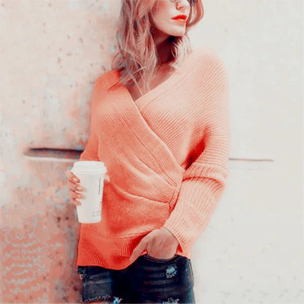 Women's Wrap Sweater – Textured Knit – V-neck – Ribbed Edges – Relaxed Fit - Image 5