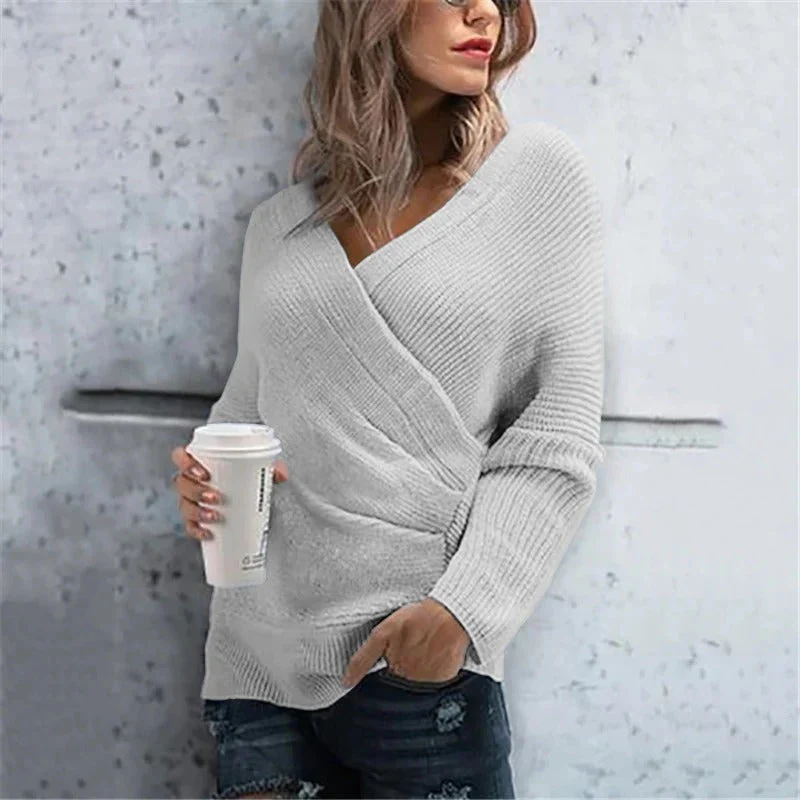 Women's Wrap Sweater – Textured Knit – V-neck – Ribbed Edges – Relaxed Fit - Image 6