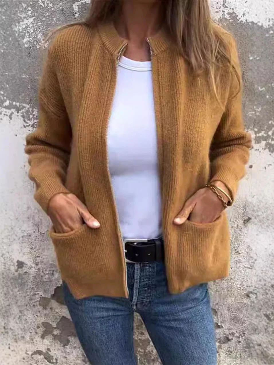 Ladies Zipper Jacket – Loose Fit – Ribbed Knit – Stand-up Collar – Casual Pockets - Image 2