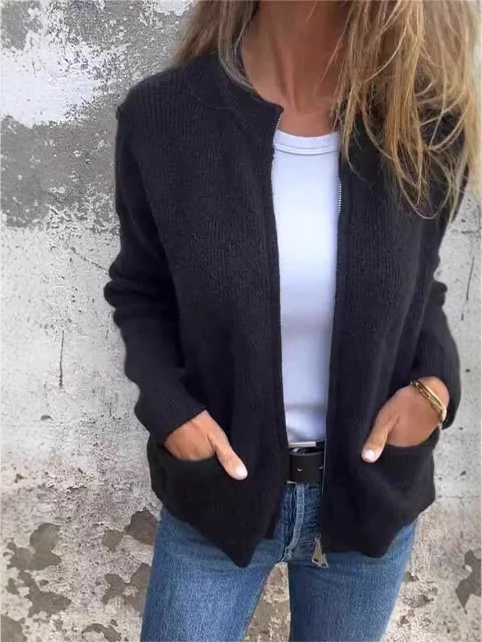 Ladies Zipper Jacket – Loose Fit – Ribbed Knit – Stand-up Collar – Casual Pockets - Image 3