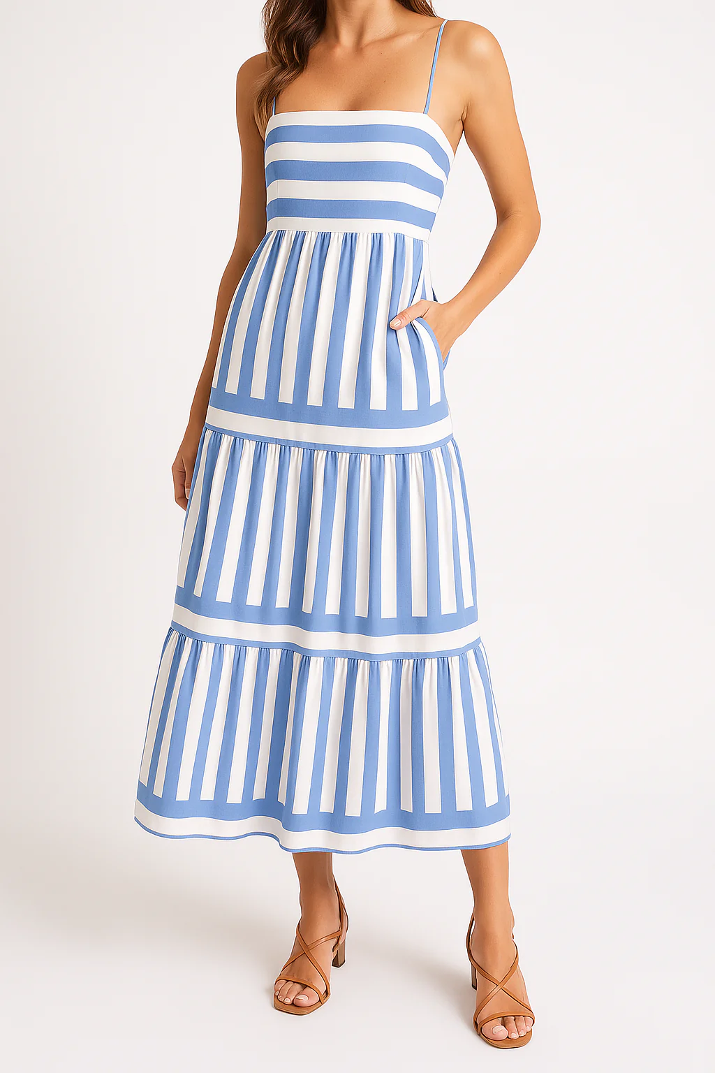 Ladies Summer Dress – Cotton – A-line Fit – Striped with Spaghetti Straps - Image 2