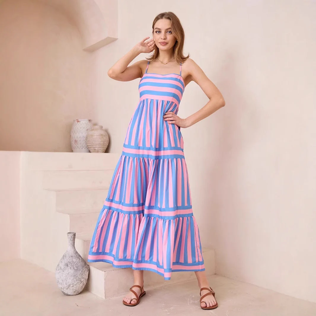 Ladies Summer Dress – Cotton – A-line Fit – Striped with Spaghetti Straps - Image 4