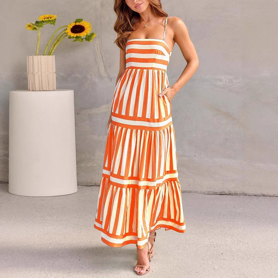 Ladies Summer Dress – Cotton – A-line Fit – Striped with Spaghetti Straps - Image 6
