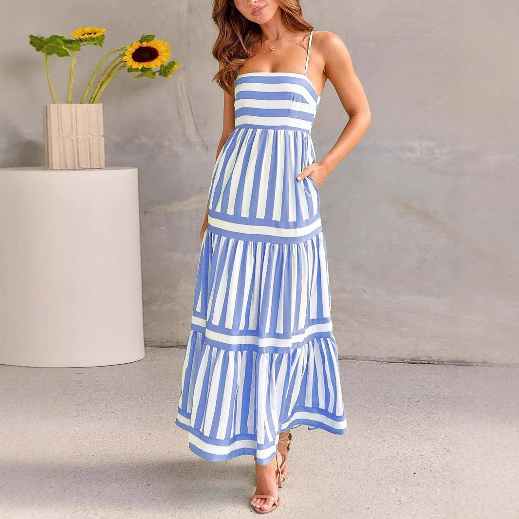 Ladies Summer Dress – Cotton – A-line Fit – Striped with Spaghetti Straps - Image 7