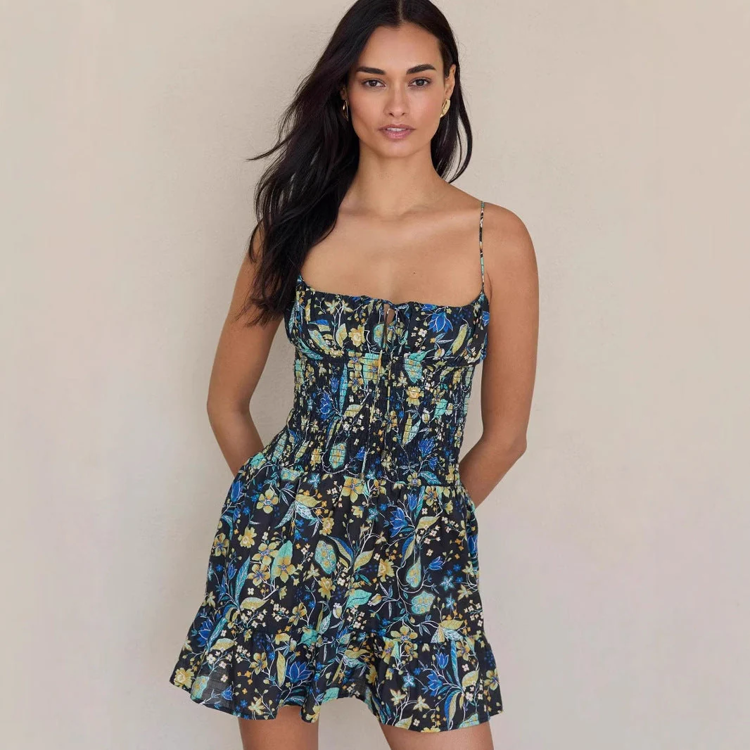 Women's Summer Dress – Cotton – Smocked Waist – Ruffles – Spaghetti Straps – Floral Print - Image 3