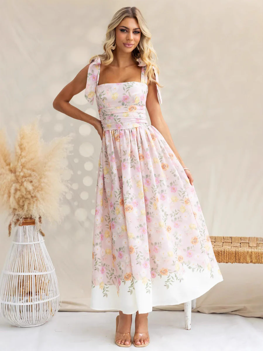 Ladies Summer Dress – Slim Fit – A-line – Floral Print – Bow Straps – Cotton - Image 2