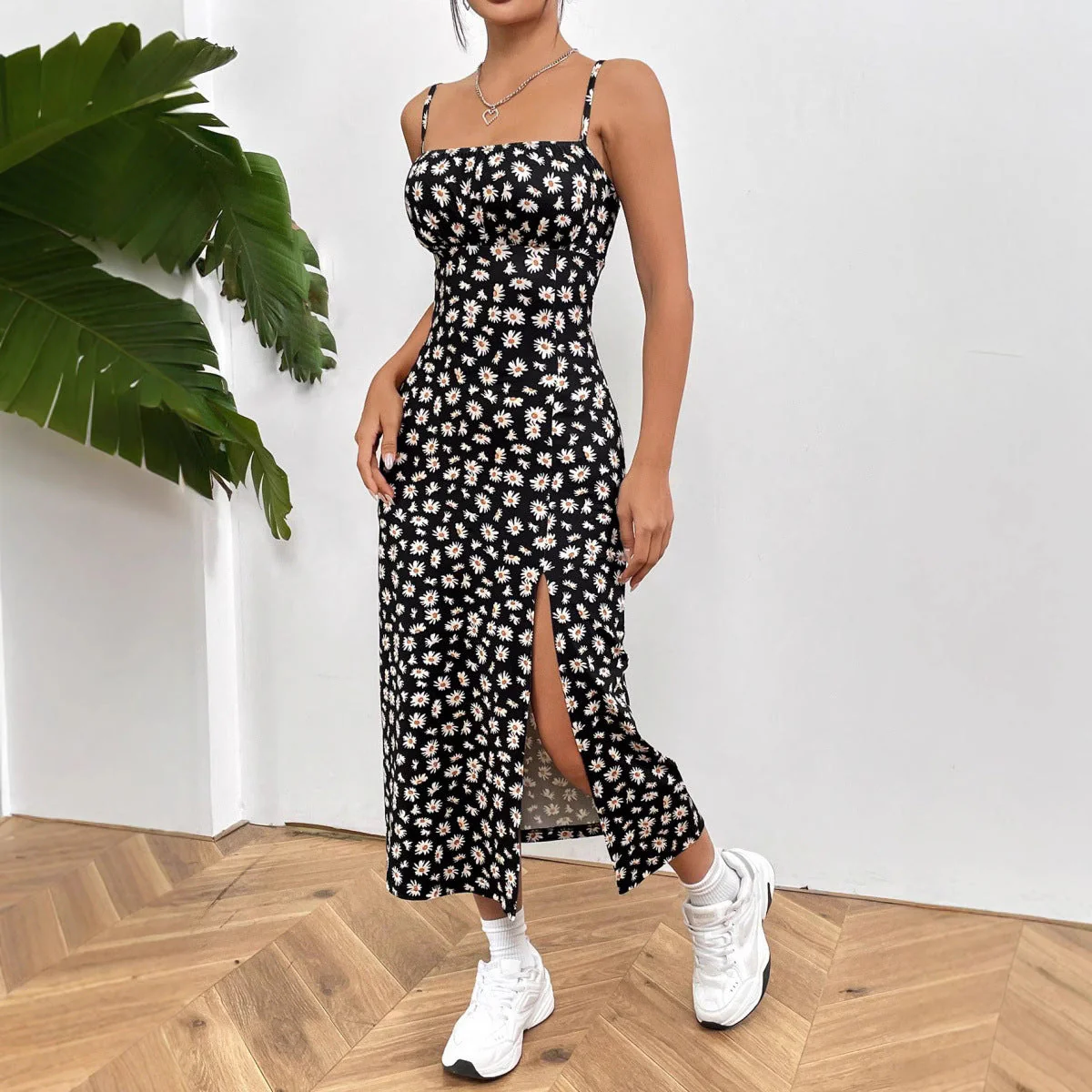 Women's Summer Dress – Slim Fit – Bustier Style – Spaghetti Straps – Midi with Slit – Floral Print - Image 4