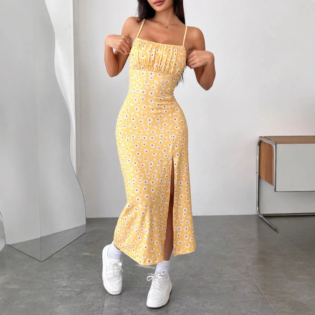Women's Summer Dress – Slim Fit – Bustier Style – Spaghetti Straps – Midi with Slit – Floral Print - Image 5