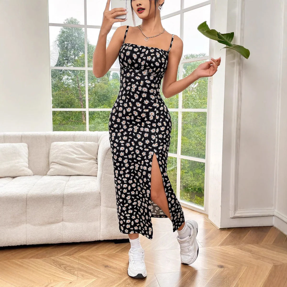 Women's Summer Dress – Slim Fit – Bustier Style – Spaghetti Straps – Midi with Slit – Floral Print - Image 6