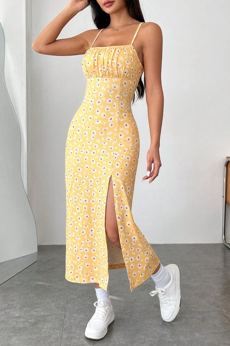 Women's Summer Dress – Slim Fit – Bustier Style – Spaghetti Straps – Midi with Slit – Floral Print - Image 8