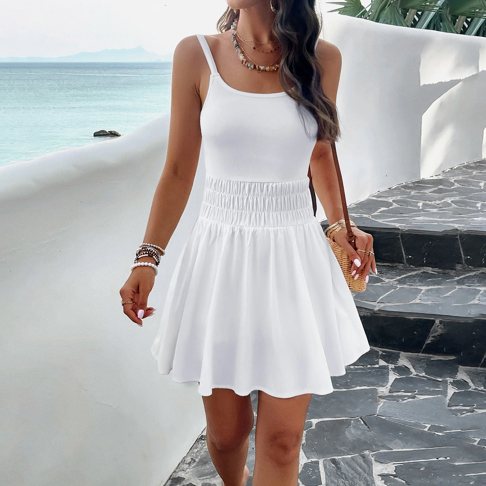 Ladies summer dress – Slim Fit – Spaghetti straps – Ruched Waist – Flared Model - Image 5